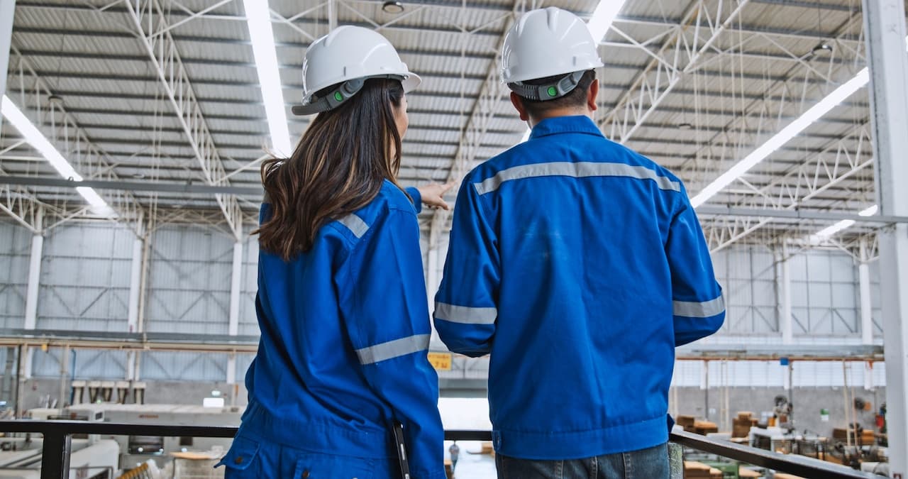 Dos ingenieros con cascos y uniformes mirando hacia maquinaria industrial, resaltando la integración de sistemas de ventilación de Bioclimex en México.